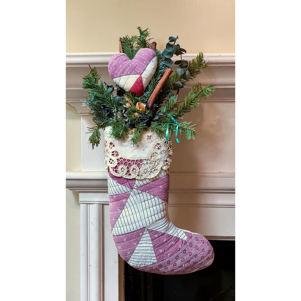 Handmade Antique Quilted Patchwork Christmas Stocking with Lace & Floral Picks